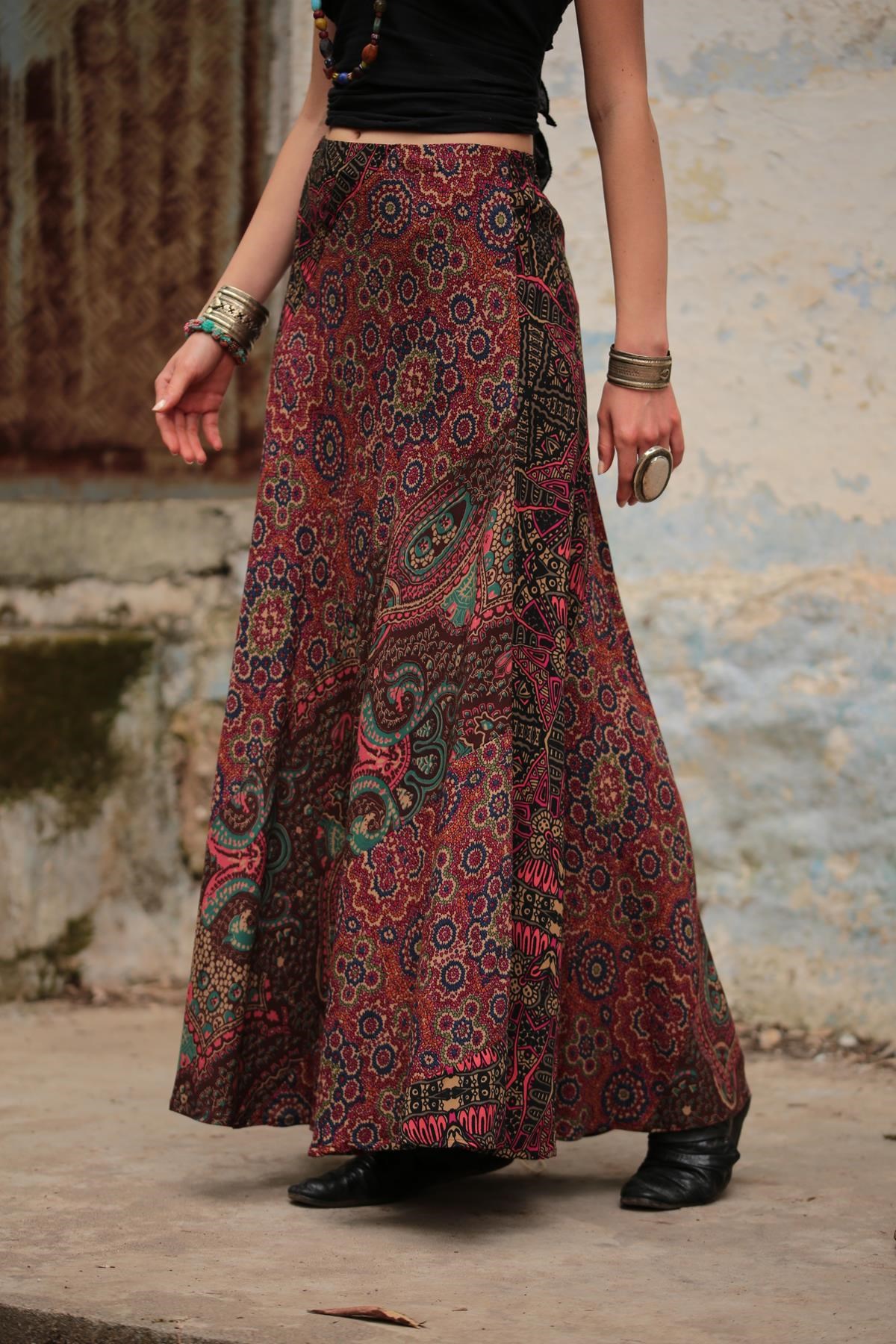 Brown Ethnic Pattern Patchwork Maxi Skirt