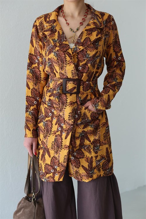 Mustard Leaf Patterned Belted Jacket - Saman Butik | Boho Fashion Mustard Leaf Patterned Belted Jacket