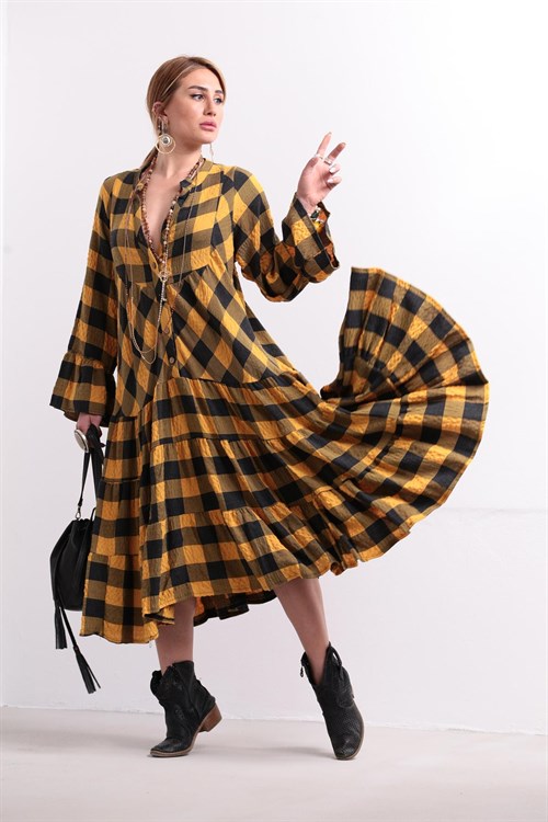  Mustard Lumberjack Long Flared Dress - Şaman Butik | Boho Fashion  Mustard Lumberjack Long Flared Dress