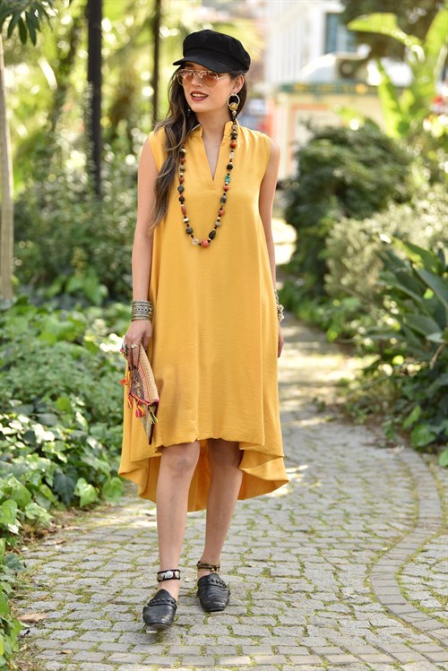 Mandarin Collar Yellow Dress - Şaman Butik | Boho Fashion Mandarin Collar Yellow Dress