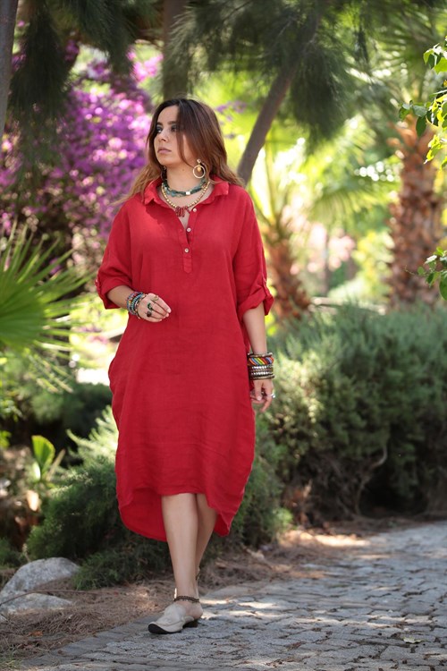  Red Shirt Dress with Ring Detailed Back - Şaman Butik | Boho Fashion  Red Shirt Dress with Ring Detailed Back