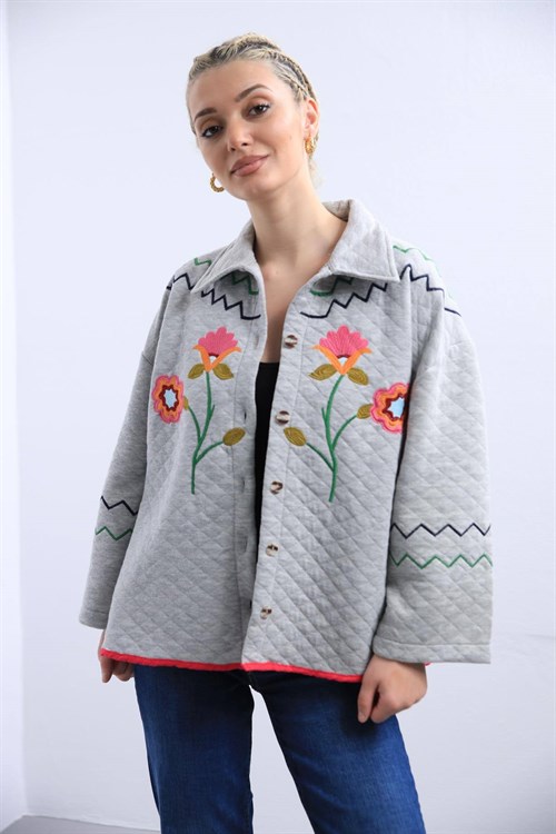 Gri Çiçek İşlemeli Gömlek - Şaman Butik Gri Çiçek İşlemeli Gömlek