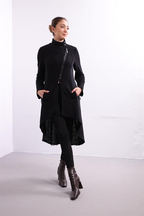 Black Interlined Buttoned Collar Cardigan - Şaman Butik | Shop Online Black Interlined Buttoned Collar Cardigan
