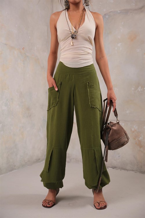 Khaki Stitched Pockets Trousers - Saman Butik | Shop Online Khaki Stitched Pockets Trousers