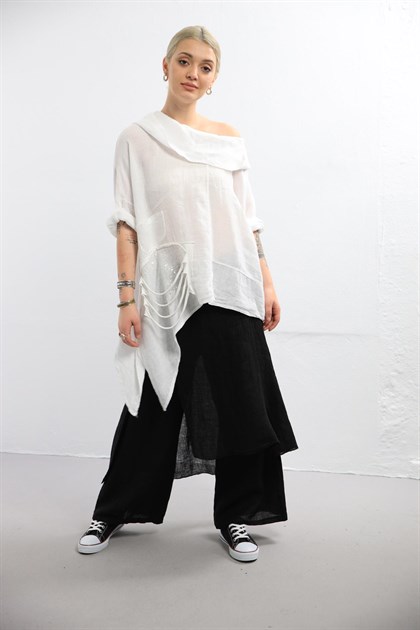 Beyaz Kapüşonlu Asimetrik Pullu Keten Bluz - Şaman Butik - Bohem Giyim ve Aksesuar | Kadın & Erkek Beyaz Kapüşonlu Asimetrik Pullu Keten Bluz