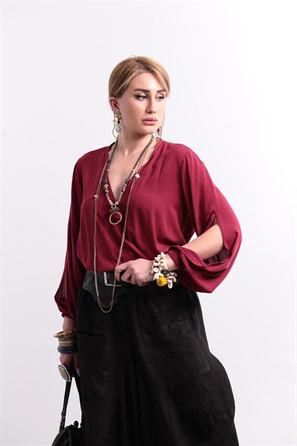 Bordo Kruvaze Yaka Kolları Yırtmaçlı Bluz - Şaman Butik - Bohem Giyim ve Aksesuar | Kadın & Erkek Bordo Kruvaze Yaka Kolları Yırtmaçlı Bluz
