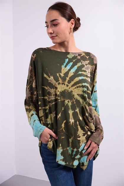 Haki Altı Parçalı Batik Desenli Uzun Kollu Bluz - Şaman Butik Haki Altı Parçalı Batik Desenli Uzun Kollu Bluz