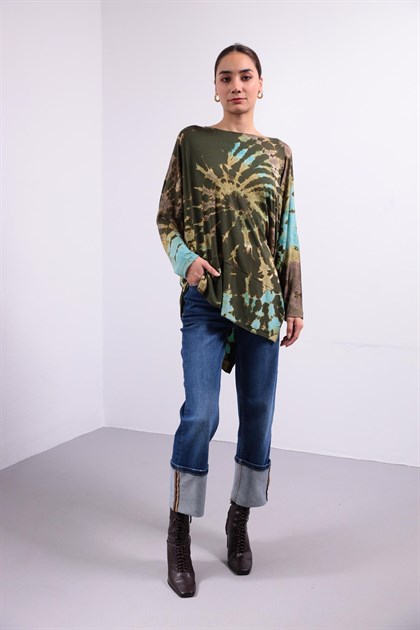 Haki Altı Parçalı Batik Desenli Uzun Kollu Bluz - Şaman Butik Haki Altı Parçalı Batik Desenli Uzun Kollu Bluz