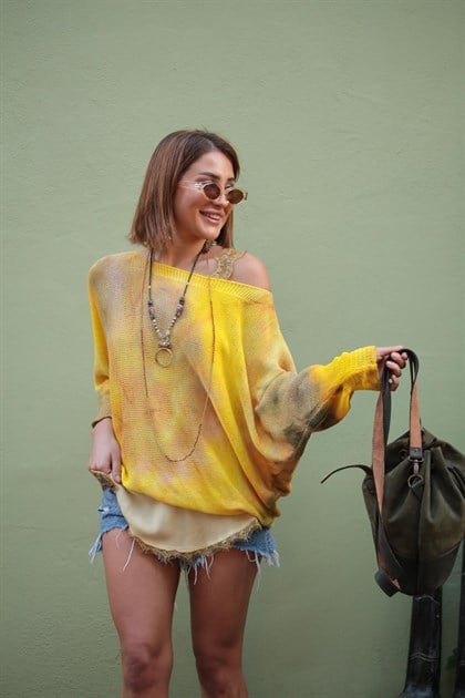 Sarı Batik Desenli Yarasa Kol File Bluz - Şaman Butik Sarı Batik Desenli Yarasa Kol File Bluz