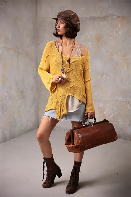 Sarı Kare Yaka Dikiş Detay Merserize Bluz - Şaman Butik - Bohem Giyim ve Aksesuar | Kadın & Erkek Sarı Kare Yaka Dikiş Detay Merserize Bluz