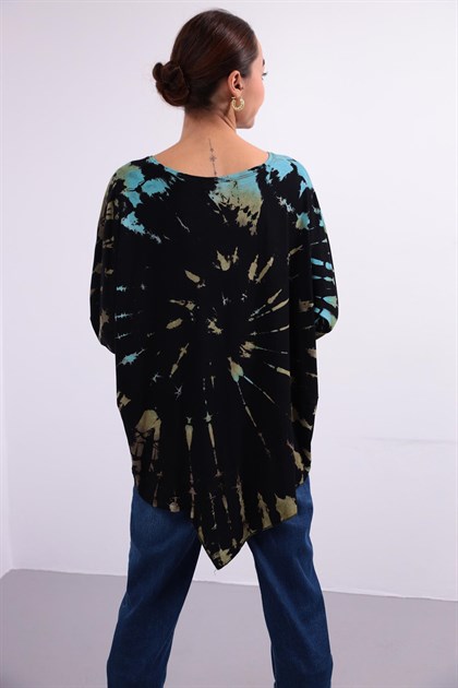 Siyah Altı Parçalı Batik Desenli Uzun Kollu Bluz - Şaman Butik Siyah Altı Parçalı Batik Desenli Uzun Kollu Bluz
