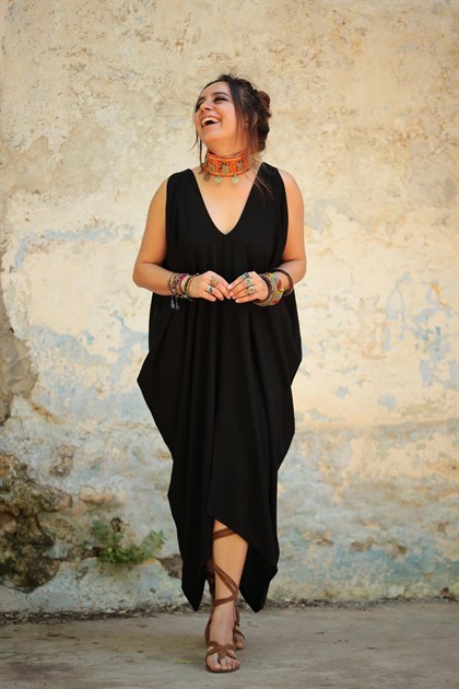 Siyah Arkası Önü V Asiye Elbise - Şaman Butik  - Bohem Giyim ve Aksesuar | Kadın & Erkek Siyah Arkası Önü V Asiye Elbise