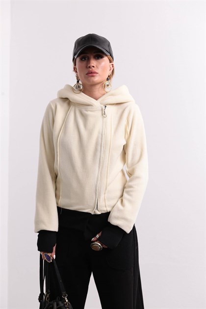 Ecru Side Zipper Fleece Jacket with Hood - Saman Butik | Shop Online Ecru Side Zipper Fleece Jacket with Hood