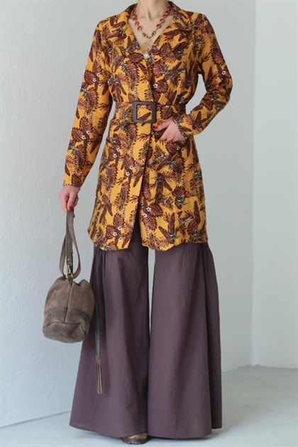 Mustard Leaf Patterned Belted Jacket - Saman Butik | Boho Fashion Mustard Leaf Patterned Belted Jacket