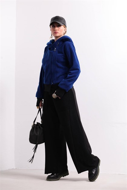 Navy Blue Side Zipper Fleece Jacket with Hood - Saman Butik | Shop Online Navy Blue Side Zipper Fleece Jacket with Hood