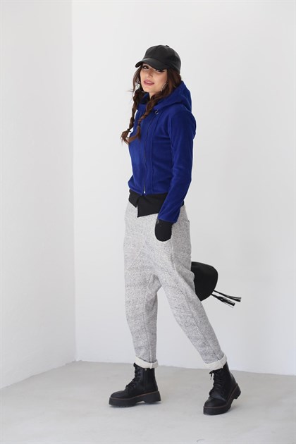 Navy Blue Side Zipper Fleece Jacket with Hood - Saman Butik | Shop Online Navy Blue Side Zipper Fleece Jacket with Hood