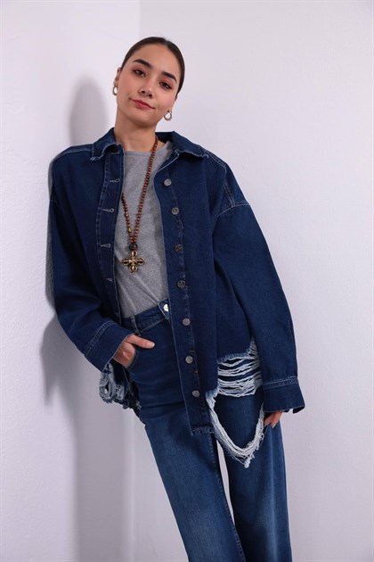 Mavi Lazerli Kot Ceket - Şaman Butik - Bohem Giyim ve Aksesuar | Kadın & Erkek Mavi Lazerli Kot Ceket