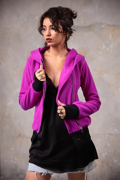 Purple Side Zipper Fleece Jacket with Hood - Saman Butik | Shop Online Purple Side Zipper Fleece Jacket with Hood