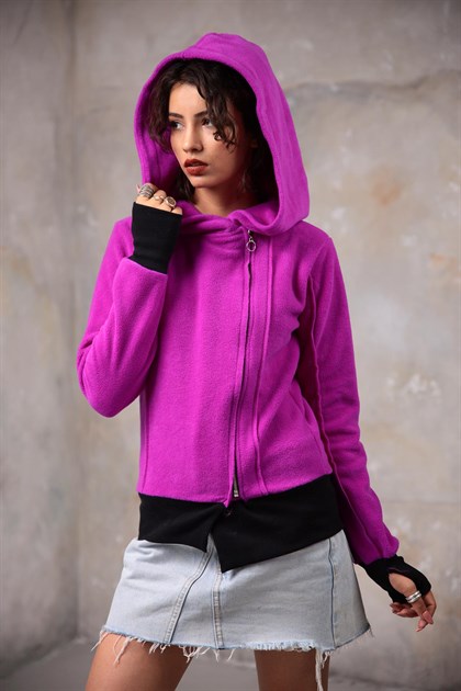Purple Side Zipper Fleece Jacket with Hood - Saman Butik | Shop Online Purple Side Zipper Fleece Jacket with Hood