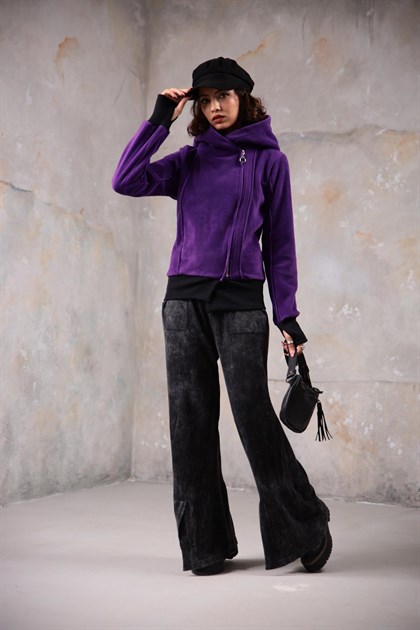 Violet Side Zipper Fleece Jacket with Hood - Saman Butik | Shop Online Violet Side Zipper Fleece Jacket with Hood