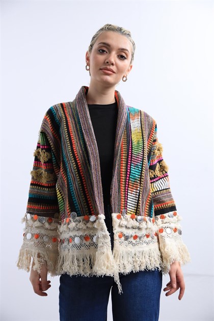 Renkli Saçaklı Kısa Etnik Ceket - Şaman Butik Renkli Saçaklı Kısa Etnik Ceket