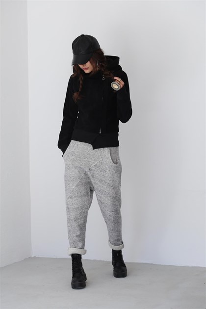 Siyah Yandan Fermuarlı Kapüşonlu Polar Ceket - Şaman Butik  - Bohem Giyim ve Aksesuar | Kadın & Erkek Siyah Yandan Fermuarlı Kapüşonlu Polar Ceket