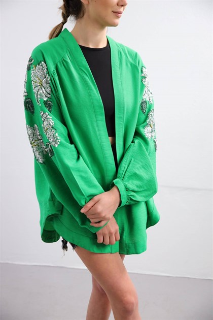  Yeşil Yaprak Desenli Pullu Oversize Ceket