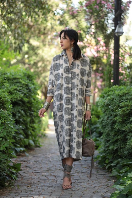 Bej Çini Desenli Gömlek Elbise - Şaman Butik Bej Çini Desenli Gömlek Elbise