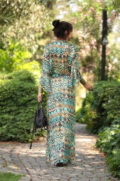 Bej Desenli Sim Detaylı Uzun Elbise - Şaman Butik Bej Desenli Sim Detaylı Uzun Elbise