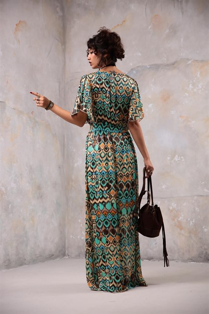 Bej Desenli Sim Detaylı Uzun Elbise - Şaman Butik Bej Desenli Sim Detaylı Uzun Elbise