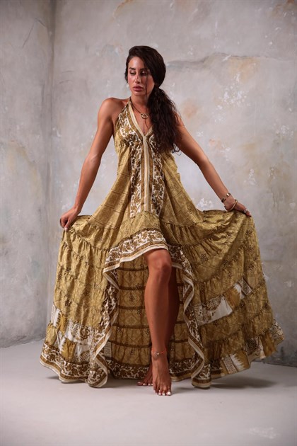 Bej Önü Kısa Askılı İpek Elbise - Şaman Butik Bej Önü Kısa Askılı İpek Elbise