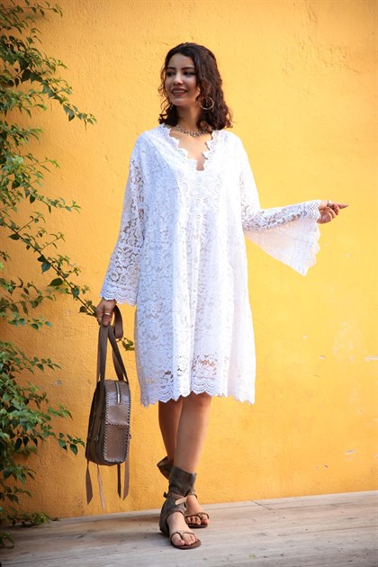 Beyaz Dantel Detaylı Midi Elbise - Şaman Butik Beyaz Dantel Detaylı Midi Elbise