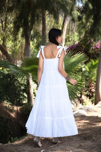 Beyaz Omuzdan Bağlamalı Katkat Elbise - Şaman Butik Beyaz Omuzdan Bağlamalı Katkat Elbise