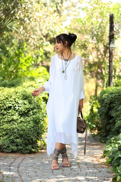 Beyaz Yarasa Kol Uzun İpek Elbise - Şaman Butik Beyaz Yarasa Kol Uzun İpek Elbise