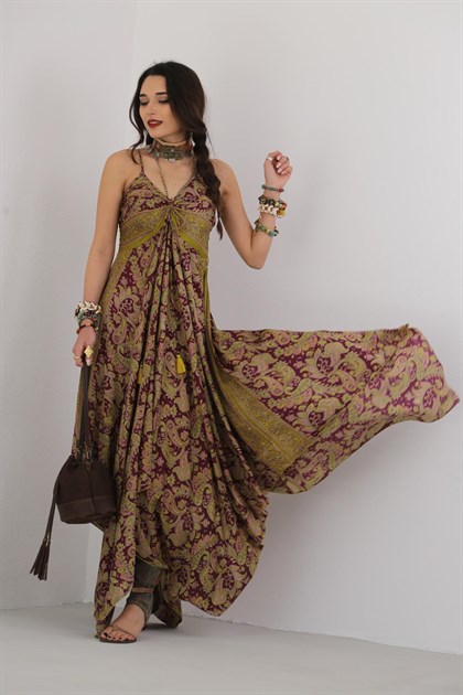 Bordo Desenli İp Askılı İpek Elbise - Şaman Butik Bordo Desenli İp Askılı İpek Elbise