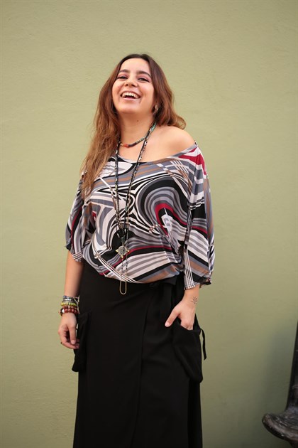 Desenli Kayık Yaka Etek Detaylı Elbise - Şaman Butik Desenli Kayık Yaka Etek Detaylı Elbise