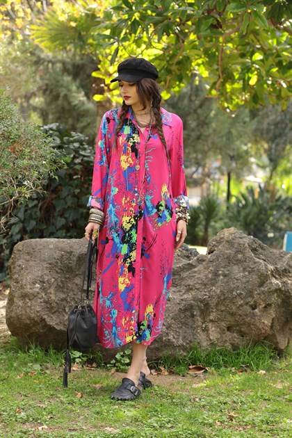 Fuşya Mürekkep Desenli Elbise - Şaman Butik Fuşya Mürekkep Desenli Elbise