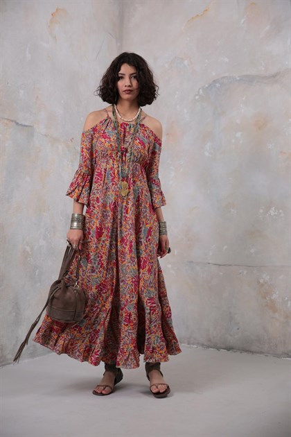 Gri Omuzları Açık Desenli İspanyol Kol Elbise - Şaman Butik Gri Omuzları Açık Desenli İspanyol Kol Elbise