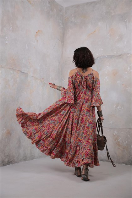 Gri Omuzları Açık Desenli İspanyol Kol Elbise - Şaman Butik Gri Omuzları Açık Desenli İspanyol Kol Elbise