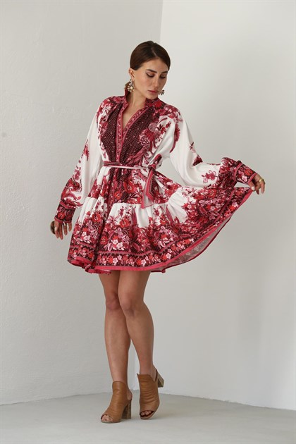 Gül Kurusu Barok Desen Kısa Şık Elbise - Şaman Butik Gül Kurusu Barok Desen Kısa Şık Elbise