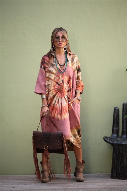 Gül Kurusu Batikli Elbise - Şaman Butik Gül Kurusu Batikli Elbise