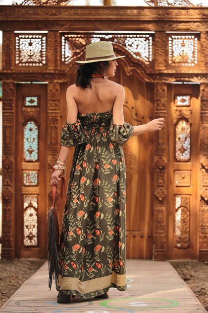 Haki Desenli Straplez İpek Elbise - Şaman Butik Haki Desenli Straplez İpek Elbise