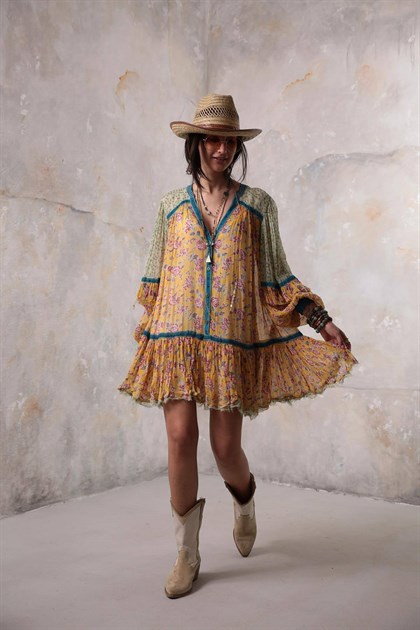 Hardal Gül Desenli Önü Düğmeli Elbise - Şaman Butik Hardal Gül Desenli Önü Düğmeli Elbise