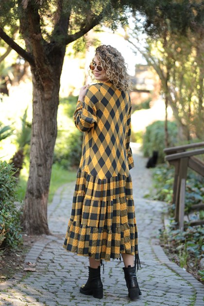  Mustard Lumberjack Long Flared Dress - Şaman Butik | Boho Fashion  Mustard Lumberjack Long Flared Dress