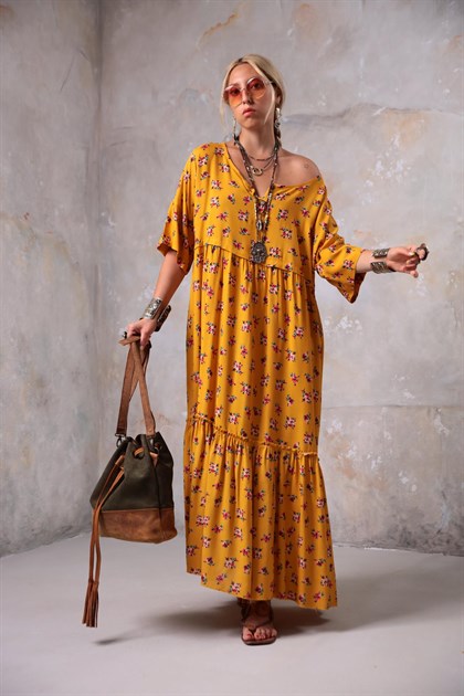Hardal Önü Düğmeli Çiçek Desenli Elbise - Şaman Butik - Bohem Giyim ve Aksesuar | Kadın & Erkek Hardal Önü Düğmeli Çiçek Desenli Elbise