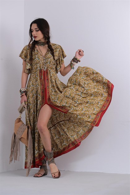 Hardal Şal Desenli Düğme Detaylı İpek Elbise - Şaman Butik Hardal Şal Desenli Düğme Detaylı İpek Elbise