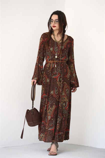 Kahverengi Belden Bağlamalı Şal Desenli Elbise - Şaman Butik - Bohem Giyim ve Aksesuar | Kadın & Erkek Kahverengi Belden Bağlamalı Şal Desenli Elbise