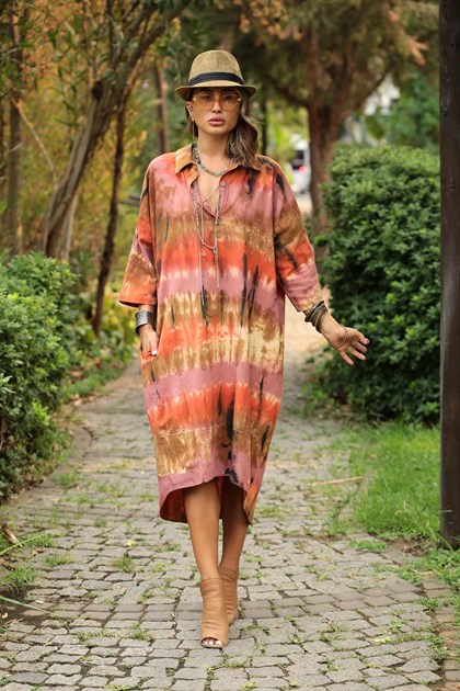 Kiremit Rengi Batikli Arkası Halkalı Elbise - Şaman Butik Kiremit Rengi Batikli Arkası Halkalı Elbise
