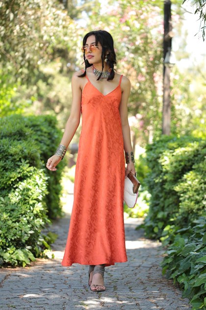 Kiremit Rengi Desenli Ayarlı Askılı Elbise - Şaman Butik Kiremit Rengi Desenli Ayarlı Askılı Elbise