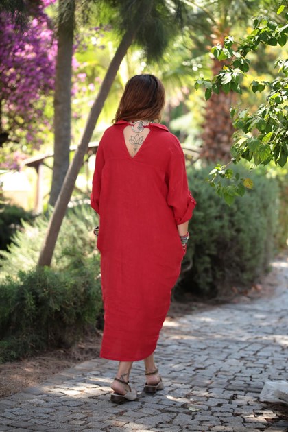  Red Shirt Dress with Ring Detailed Back - Şaman Butik | Boho Fashion  Red Shirt Dress with Ring Detailed Back